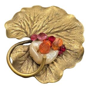 Vintage Artisan Leaf Brooch Gold Tone with Pearl & Multicolor Stones J16
